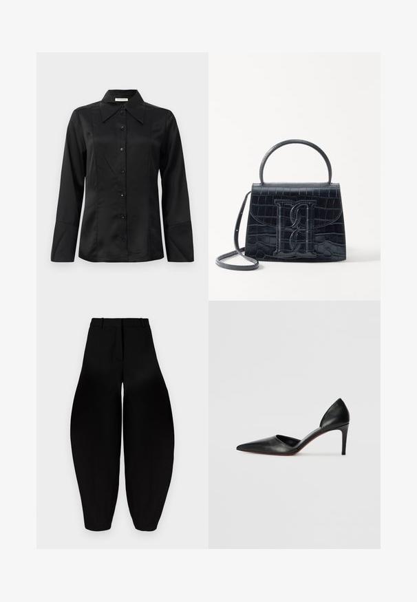 Black satin blouse with a pointed collar, long sleeves, front button closure, and fitted design. Smooth texture with seam detailing.; Black wide-leg trousers with a high waist, pleated front, and tapered ankles. Made from smooth fabric with a matte finish.; Black leather high-heeled pumps with a pointed toe, open sides, and a sleek silhouette. Features a thin heel and red sole accent.; Black crocodile-embossed leather handbag with a structured design, top handle, adjustable strap, and a prominent front logo detail.