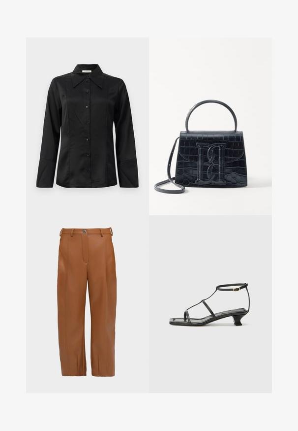 Juodas satino bliuzonas su smailiu apykakle, ilgomis rankovėmis, priekyje užsegamas mygtukais ir prigludusiu siluetu. Lygus paviršius su siuvimo detalėmis.; Rudos dirbtinės odos kelnės su tiesiu pjūviu, priekyje su siūlėmis, dviem kilpomis diržui ir vienu mygtuko užsegimu juosmenyje.; Juodas odinis sandalai su kvadratiniu pirštu, plonomis dirželiais, reguliuojamu kulkšnies dirželiu ir žemu kulnu. Yra nedidelis aukso akcentas ant dirželio.; Juodas krokodilo rašto odinis rankinės krepšys su struktūruotu dizainu, viršutine rankena, reguliuojamu dirželiu ir išsiskiriančiu priekinio logo detale.