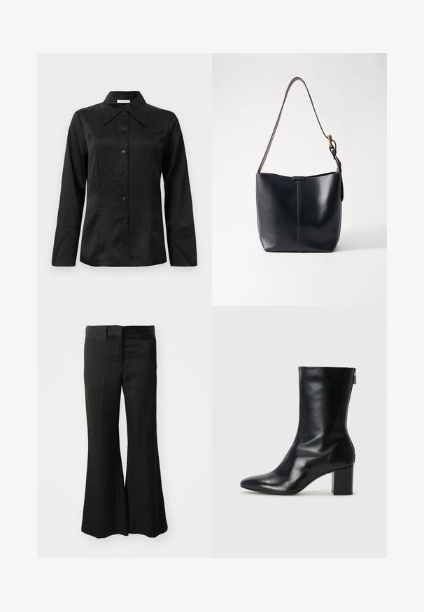 Zwarte satijnen blouse met een puntkraag, lange mouwen, een knoopsluiting aan de voorkant en een getailleerd ontwerp. Gladde textuur met naaddetails.; Zwarte flared broeken van een gladde stof, met een middelhoge tailleband en een strakke, op maat gemaakte uitstraling zonder zichtbare versieringen.; Zwarte leren enkelboot met een spitse neus en een blokhak van 4 cm. Strak ontwerp met een zijrits voor gemakkelijke aan- en uittrekken. Soepele textuur.; Zwarte leren schoudertas met een gladde textuur, voorzien van een dunne, lange schouderband en een subtiele stiknaad in het midden.