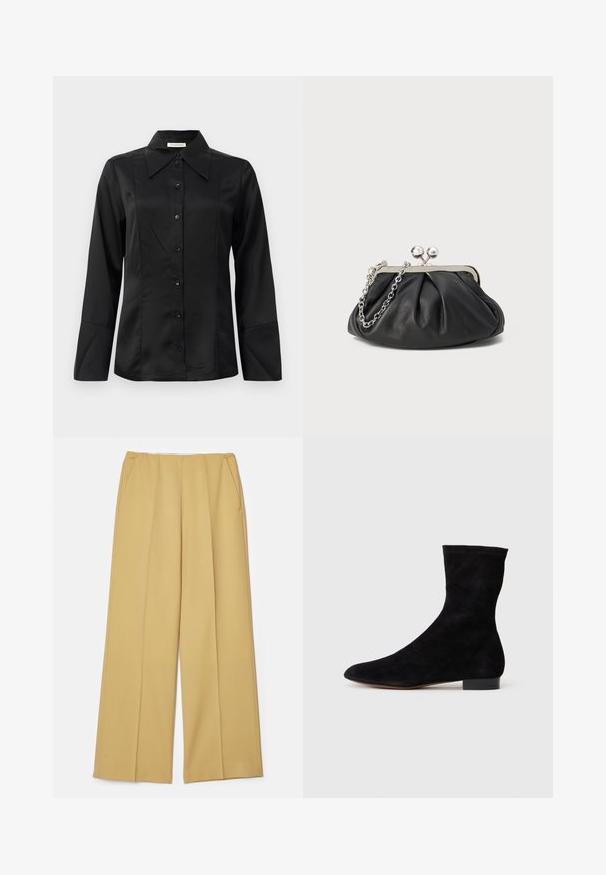 Zwarte satijnen blouse met een puntkraag, lange mouwen, een knoopsluiting aan de voorkant en een getailleerd ontwerp. Gladde textuur met naaddetails.; Wijdvallende broeken van een mosterdgele stof, met een gladde textuur en voorzakken, met een strak, op maat gemaakt ontwerp.; Zwarte suède enkelboot met een aansluitende schacht, puntige neus en een lage blokhak. Gladde textuur en minimalistisch ontwerp, geschikt voor veelzijdige styling.; Zwarte leren clutch met geplooide textuur, zilverkleurig metalen frame, drukknopsluiting en kettingriem. Glad, zacht oppervlak.