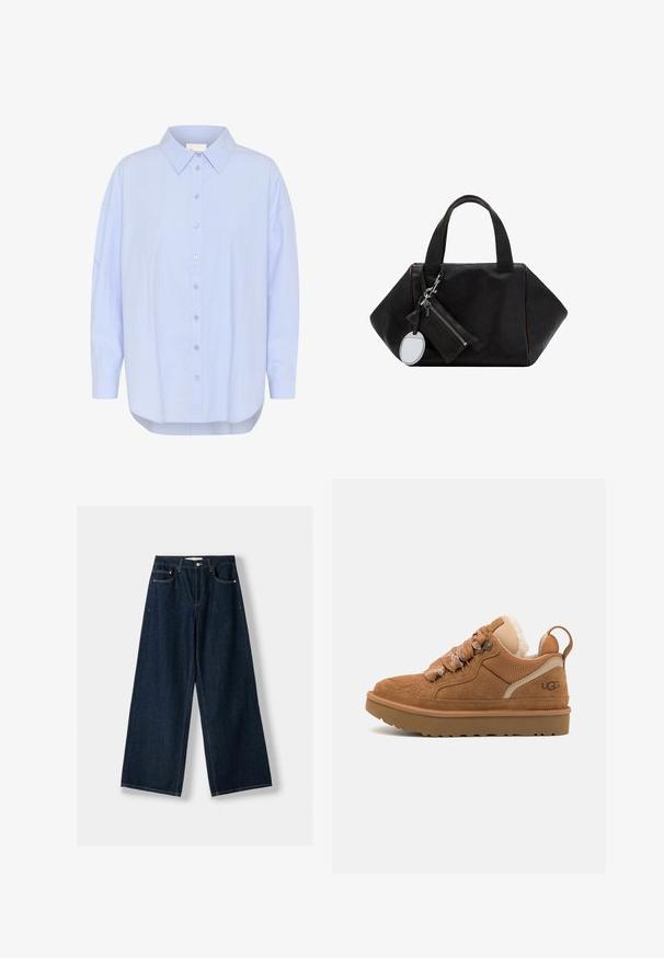 Helles blaues, knopfbares Hemd mit spitzem Kragen, langen Ärmeln und abgerundetem Saum. Glatte Textur mit sichtbaren Knopfdetails.; Dunkelblaue, weit geschnittene Jeans aus Denim. Verfügt über fünf Taschen, einen Knopf- und Reißverschluss sowie Kontrastnähte.; Braune Wildleder-Sneaker mit Mesh-Akzenten, strukturierten Schnürsenkeln und einer Gummisohle; verfügt über einen gepolsterten Kragen und eine Schlaufe an der Ferse.; Schwarze Lederhandtasche mit geometrischem Design, zwei kurzen Griffen und einem abnehmbaren Reißverschlussbeutel mit einem runden Spiegelanhänger.