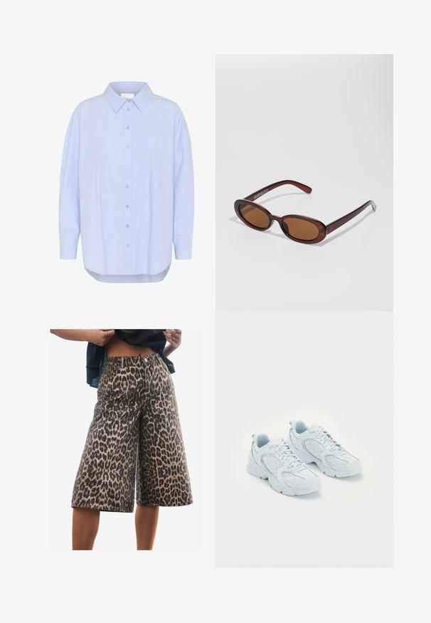 Camicia azzurra chiara con colletto a punta, maniche lunghe e orlo curvo. Texture liscia con dettagli dei bottoni visibili.; Next JORT - Shorts di jeans - leopard print; Scarpe da ginnastica di colore azzurro chiaro con una tomaia in rete e sintetico, caratterizzate da pois bianchi e dettagli riflettenti, design con lacci e suole imbottite.; Occhiali da sole rotondi con tonalità marrone, montatura lucida color bordeaux. Aste sottili con un sottile dettaglio del marchio. Design delle lenti piatte.; Borsa a mano in pelle nera con un design geometrico, due manici corti e un pouch con zip removibile e un ciondolo a specchio rotondo.