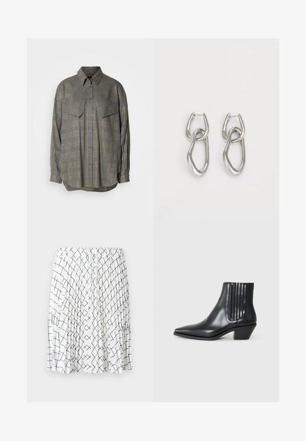 Grå skjorte med knapper lavet af tekstureret stof, med et rutenetmønster i lysere nuancer, en krave og to brystlommer.; Hvid nederdel med plisseret design, prydet med et marineblåt geometrisk mønster af krydsende linjer. Elastisk taljebånd med snøre.; Sorte læder ankelstøvle med spids tå, elastiske sidepaneler med lodrette riller og en lav blokhæl. Glat tekstur og slankt design.; Calvin Klein STATEMENT LINKS - Øreringe - silver-coloured