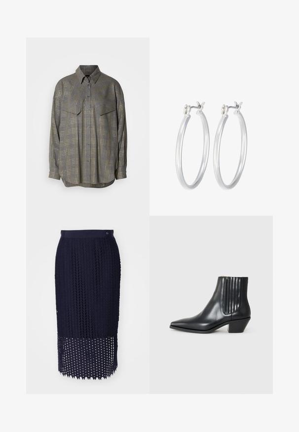 Sivá košeľa na gombíky z textúrovanej tkaniny s mriežkovým vzorom v svetlejších odtieňoch, s golierom a dvoma náprsními vreckami.; Námornícky modrá pletená ceruzková sukňa s textúrovaným vzorom, rebrovaným pásom a lemom s detailmi trojuholníkových výrezov.; Čierna kožená členková topánka s špicatou špičkou, elastickými bočnými panelmi s vertikálnymi drážkami a nízkym blokovým podpätkom. Hladká textura a elegantný dizajn.; Strieborné kruhové náušnice s hladkým, lesklým povrchom. Kolový tvar a bezpečné klikanie na uzatváranie. Ľahký dizajn vhodný na každodenné nosenie.