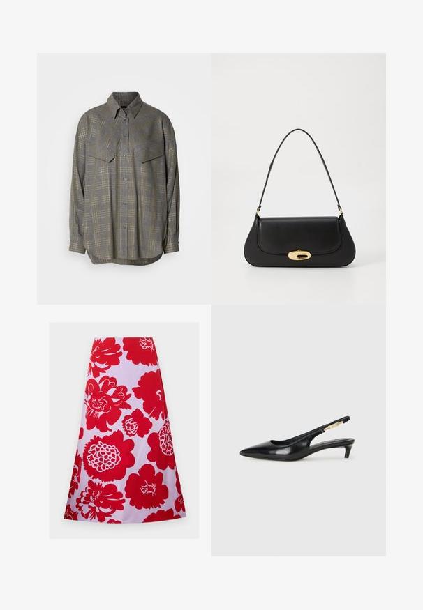 Cămașă butonată gri, realizată dintr-un material texturat, având un model cu plasă în nuanțe mai deschise, guler și două buzunare pe piept.; Fustă cu model floral roșu pe fundal alb; lungime până la genunchi cu un design evazat și textură netedă. Fără închideri sau accente vizibile.; Sandale slingback din piele neagră cu vârf ascuțit, având un toc subțire și un accent de culoare aurie pe curea ajustabilă. Textură netedă.; Geantă de mână din piele neagră, cu un design curbat, accesorii de culoare aurie și un mâner de sus. Dispune de o închidere elegantă și o textură netedă.