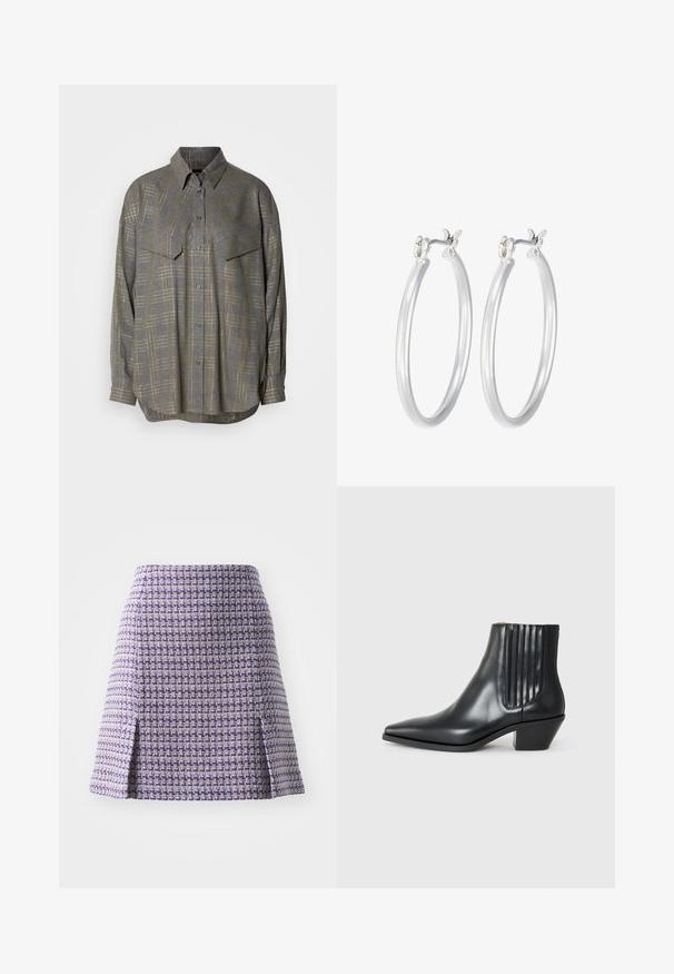 Harmaa napitettava paita, joka on valmistettu teksturoidusta kankaasta. Paidassa on vaaleampia sävyjä sisältävä ruutukuvio, kaulus ja kaksi rintataskua.; Violetti twiidi seelik geomeetrilise mustriga, millel on vormitud vöökoht ja kaks külgslitti liikumiseks. Tekstuuriga pind ja struktureeritud siluett.; Musta nahkainen nilkk boot, jossa on terävä kärki, elastiset sivupaneelit pystyröytiä ja matala lohkarepohja. Sileä pinta ja tyylikäs muotoilu.; Hope-silver rengas, joissa on sileä ja kiillotettu pinta. Pyöreä muoto ja turvallinen napsautettava lukitus. Kevyt muotoilu sopii päivittäiseen käyttöön.