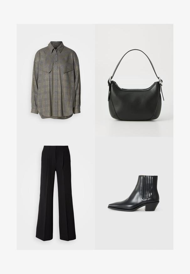 Šedá košile na knoflíky vyrobená z texturované látky, s mřížkovým vzorem v světlejších odstínech, límečkem a dvěma náprsními kapsami.; Černé kalhoty vyrobené z hladkého materiálu, s vysokým páskem, širokým střihem a dvěma předními sklady pro doplnění designu.; Černá kožená kotníková bota s špičatou špičkou, elastickými bočními panely s vertikálními drážkami a nízkým blokovým podpatkem. Hladká textura a elegantní design.; Černá kožená kabelka s zakřiveným tvarem, stříbrným zipem a krátkým uchem. Na přední straně se nachází nenápadné logo a má hladkou texturu.