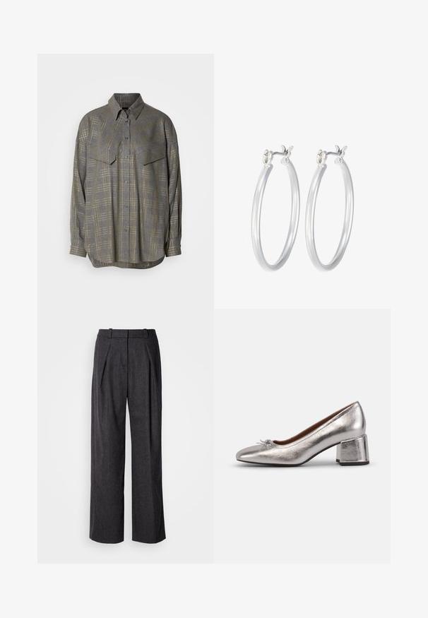 Sivá košeľa na gombíky z textúrovanej tkaniny s mriežkovým vzorom v svetlejších odtieňoch, s golierom a dvoma náprsními vreckami.; Tmavošedé široké nohavice s textúrovanou tkaninou, s prednými záhybmi a klasickým dizajnom pásu. Žiadne viditeľné vrecká.; Metalické strieborné kožené lodičky s zužujúcou sa špičkou a robustným podpätkom. Majú ozdobný detail v podobe mašle na hornej časti, textúrovaný povrch a hladký finiš.; Strieborné kruhové náušnice s hladkým, lesklým povrchom. Kolový tvar a bezpečné klikanie na uzatváranie. Ľahký dizajn vhodný na každodenné nosenie.