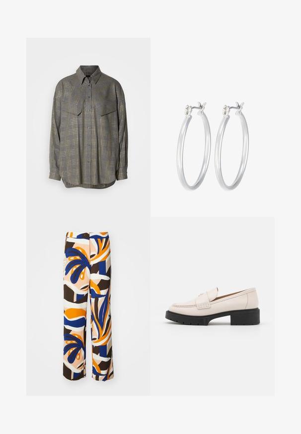 Pilkas mygtukų marškinis, pagamintas iš tekstūruotos medžiagos, su tinklo raštu šviesesnėmis atspalviais, apykakle ir dviem krūtinės kišenėmis.; Plati kojinės su daugiaspalviu raštu, kuriame dominuoja mėlyna, oranžinė ir ruda spalvos. Pagamintos iš lengvos medžiagos su abstrakčiais gėlių raštais.; Šviesiai smėliniai odiniai laivai su siuvinėta priekiu ir tekstūriniu juodu platformos kulnu. Pasižymi kreiviu dizainu ir nedideliu pakilimu.; Sidabriniai auskarai su sklandžiu, poliruotu paviršiumi. Apvalios formos ir saugus uždarymo mechanizmas. Lengvas dizainas, tinkantis kasdieniam dėvėjimui.