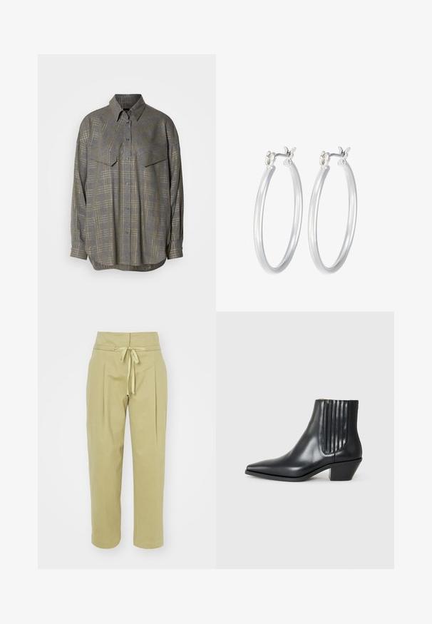 Szara koszula z guzikami, wykonana z teksturowanej tkaniny, z kratkowym wzorem w jaśniejszych odcieniach, kołnierzykiem oraz dwoma kieszeniami na piersi.; Jasnozielone bawełniane spodnie z wysokim stanem, wiązaniem, plisami z przodu oraz krótkim krojem nogawek. Miękka tekstura i gładkie wykończenie.; Czarne skórzane botki za kostkę z wysmuklonym noskiem, elastycznymi bocznymi panelami z pionowymi rowkami oraz niskim blokowym obcasem. Gładka tekstura i elegancki design.; Srebrne kolczyki w formie kółek o gładkim, polerowanym wykończeniu. O okrągłym kształcie i pewnym zapięciu na klik. Lekka konstrukcja odpowiednia do codziennego noszenia.