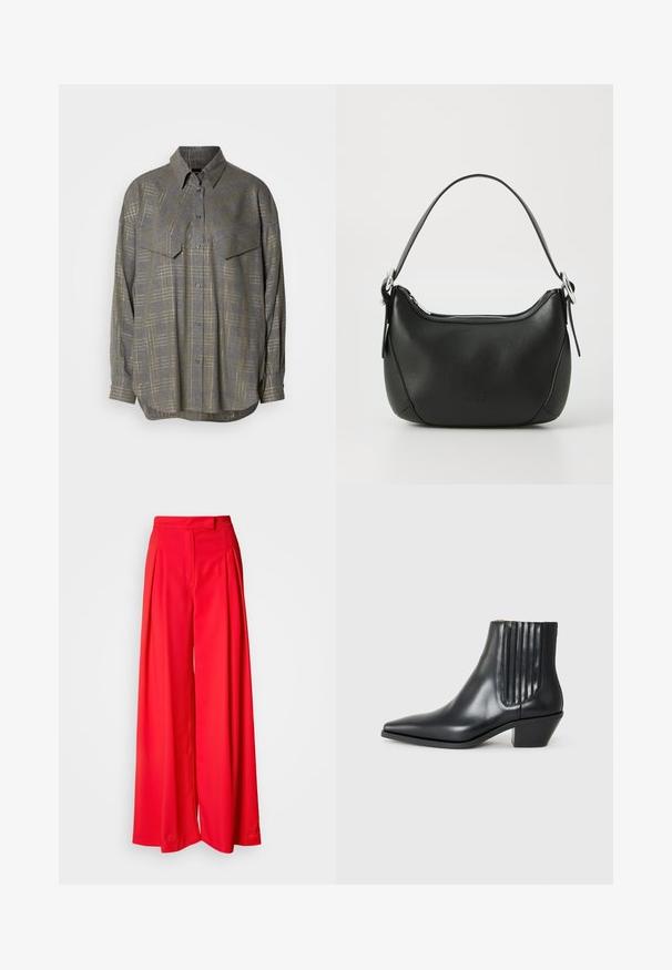 Chemise grise à boutons en tissu texturé, présentant un motif à carreaux dans des teintes plus claires, avec un col et deux poches sur la poitrine.; Pantalons larges rouges en tissu lisse, dotés de plis avant, d'une taille plate et d'une coupe ajustée. Le design met en avant une silhouette fluide.; Bottine en cuir noir avec un bout pointu, des panneaux latéraux élastiques avec des rainures verticales, et un petit talon bloc. Texture lisse et design épuré.; Sac à main en cuir noir avec une forme arrondie, fermeture éclair argentée et une courte poignée. Présente un logo subtil à l'avant et une texture lisse.