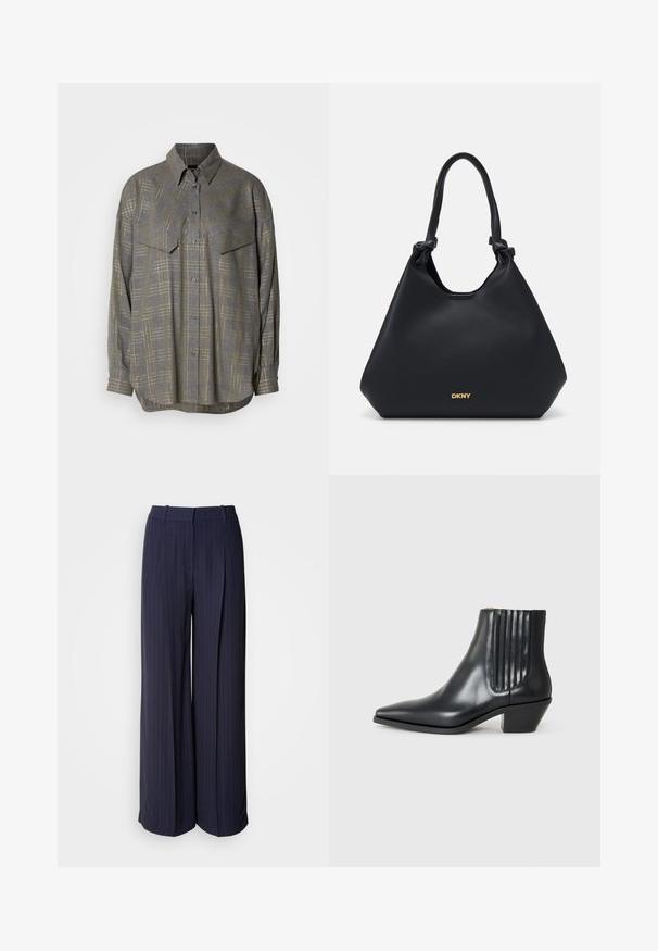 Grå knappskjorte laget av teksturert stoff, med et rutemønster i lysere nyanser, krage og to brystlommer.; Mørkeblå vide bukser med pynte-striber. Har høj talje, pressede folder og en glat tekstur. Passer til formelle anledninger.; Sorte skinnankelsko med spiss tå, elastiske sidepaneler med vertikale groper, og en lav blokkhæl. Glatt tekstur og elegant design.; Svart lær tote bag med teksturert overflate, knutede håndtak og gulllogo-detalj ved bunnen. Har en slouchy silhuett.