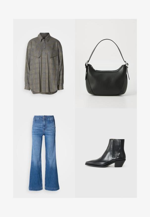 Gray button-up shirt made of textured fabric, featuring a grid pattern in lighter shades, a collar, and two chest pockets.; Light blue flared jeans made of denim. Features a high waist, front pockets, and a clean hemline with subtle fading on the legs.; Black leather ankle boot with pointed toe, elastic side panels with vertical grooves, and a low block heel. Smooth texture and sleek design.; Black leather handbag with a curved shape, silver zipper, and a short handle. Features a subtle logo on the front and smooth texture.