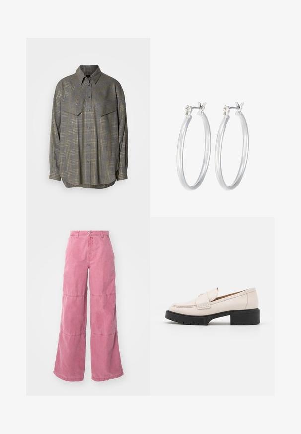 Sivi košulja s dugim rukavima izrađena od teksturiranog materijala, s uzorkom mreže u svjetlijim nijansama, ovratnikom i dva džepa na prsima.; Ružičaste hlače širokih nogavica od pamuka, s izblijedjelim završetkom. Dva horizontalna šava stvaraju prepoznatljiv panel dizajn. Prednje kopčanje na dugme.; Svijetlosmeđi kožni loaferi s ušivenim prednjim dijelom i teksturiranim crnim platformastim potplatom. Imaju zakrivljeni dizajn i blagu elevaciju.; Srebrne kružne naušnice s glatkom, poliranom površinom. Okrugli oblik i sigurno kopčanje na klik. Lagani dizajn pogodan za svakodnevno nošenje.