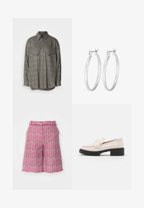 Sivi košulja s dugim rukavima izrađena od teksturiranog materijala, s uzorkom mreže u svjetlijim nijansama, ovratnikom i dva džepa na prsima.; Ružičaste tweed kratke hlače s teksturiranim uzorkom i izfrcanim rubom. Imaju pojas s dugmadi. Lagana tkanina, dužine do sredine bedra.; Svijetlosmeđi kožni loaferi s ušivenim prednjim dijelom i teksturiranim crnim platformastim potplatom. Imaju zakrivljeni dizajn i blagu elevaciju.; Srebrne kružne naušnice s glatkom, poliranom površinom. Okrugli oblik i sigurno kopčanje na klik. Lagani dizajn pogodan za svakodnevno nošenje.