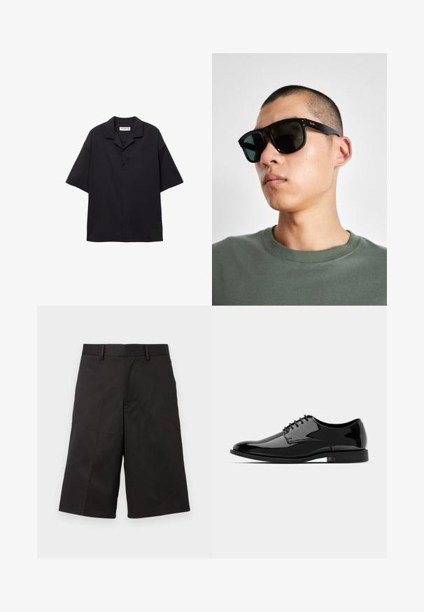 Kurzarmiges schwarzes Button-Up-Hemd aus glattem Stoff, mit umgeschlagenem Kragen und lockerer Passform. Verfügt über fünf Knöpfe vorne und keine Muster.; Schwarze Shorts mit maßgeschneidertem Design, aus glattem Stoff gefertigt, mit flachem Frontbereich, Gürtelschlaufen und geraden, knöchellangen Beinen.; Schwarze Lackleder-Schuh mit abgerundetem Zeh, Schnürdesign und glatter, glänzender Oberfläche. Verfügt über eine flache Gummisohle.; Schwarze rechteckige Sonnenbrille mit dunklen Gläsern, die eine markante Form und eine Markierung am Bügel aufweist. Getragen von einer Person in einem grünen Hemd.