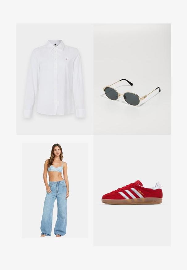 Bela srajca z dolgimi rokavi in gumbi, izdelana iz bombaža, z značilnim ovratnikom, subtilnim logotipom na prsih in rumenimi gumbi.; Svetloblaži bralet z rožnatim vzorcem v kombinaciji s širokimi svetloblažnimi kavbojkami. Udobno prileganje z sproščenim silhuetom in klasičnim gumbom za zapiranje.; Rdeči semišniki z belo tridoločeno zasnovo in zlatim besedilom "Gazelle". Imajo gumo podplat in texturiran petni del.; Zlate sončne očala z ovalnimi lečami in temnimi lečami. Črne acetatne konice na ročajih. Ime blagovne znamke "QUAY" na strani.