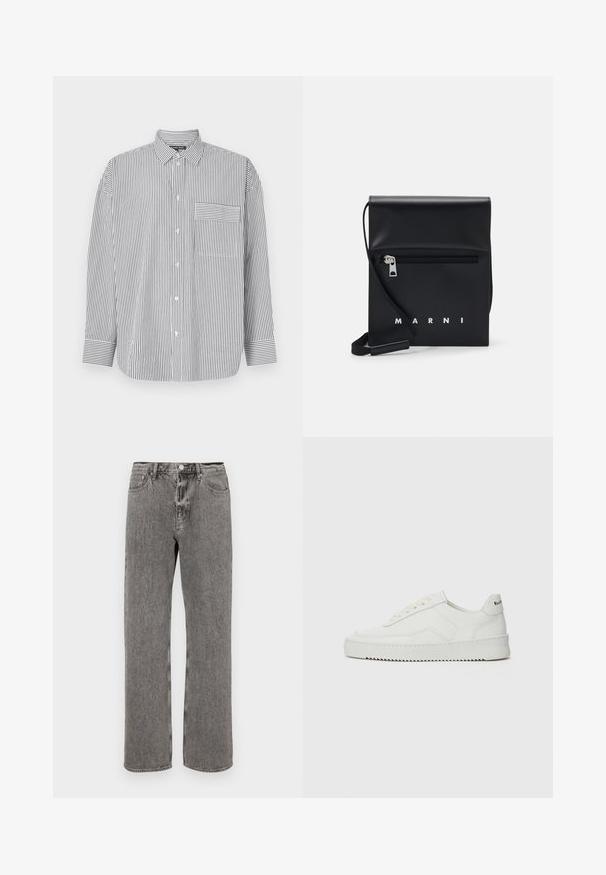 Striped button-up shirt in black and white, featuring long sleeves, a classic collar, and a chest pocket with horizontal stripes.; Gray denim jeans featuring a straight-leg cut, five-pocket design, and a button closure at the waistband. Subtle faded texture throughout.; White leather sneaker with a smooth finish, round toe, flat laces, and a textured sole. Features a subtle logo on the heel.; Black leather crossbody bag with a zippered front pocket, embossed logo, and adjustable strap. Smooth texture with a structured shape.