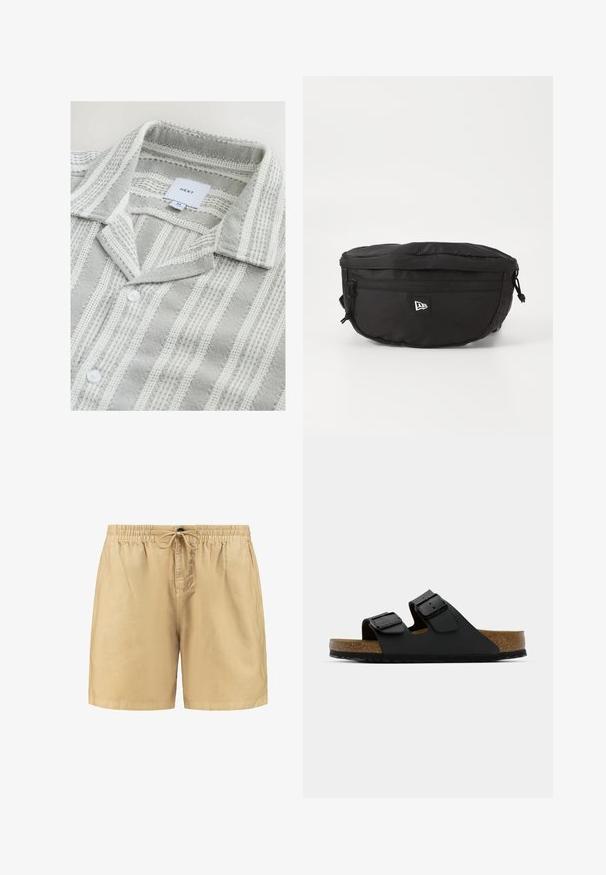 Pruhovaná šedá a biela košeľa s textúrovanou tkaninou, s klasickým golierom, zapínaním na gombíky a štítkom.; Béžové šortky s elastickým pásom a šnúrkou. Vyrobené z ľahkej tkaniny s hladkým povrchom. Jednoduchý dizajn, bez vzorov.; Čierne sandále na slidovanie vyrobené z syntetického materiálu s dvoma nastaviteľnými popruhmi a kovovými prackami; korokový stielok a textúrovaná gumová podrážka.; Čierna pásková taška vyrobená z nylonu; má predné zipsové vrecko, nastaviteľný popruh a nášivku s logom. Zaoblený tvar s hladkou textúrou.