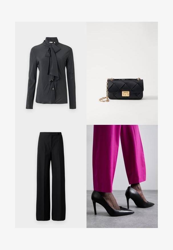 Tmavě šedá blůza s uvázaným límcem, dlouhými rukávy a zapínáním na knoflíky. Vyrobena z hladké látky s mírným leskem.; Široké černé kalhoty s hladkou, matnou texturou. Plochý pas bez viditelného kování nebo vzorů. Jednoduchý a elegantní design.; Černé lodičky na vysokém podpatku s jemným špičatým tvarem a hladkou koženou texturou. V kombinaci s jasně růžovými, přizpůsobenými kalhotami.; Černá kožená crossbody taška s prošívaným vzorem, zlatou kovovou aplikací a řetízkovým popruhem. Obsahuje klopu na přední straně a značkovou destičku.