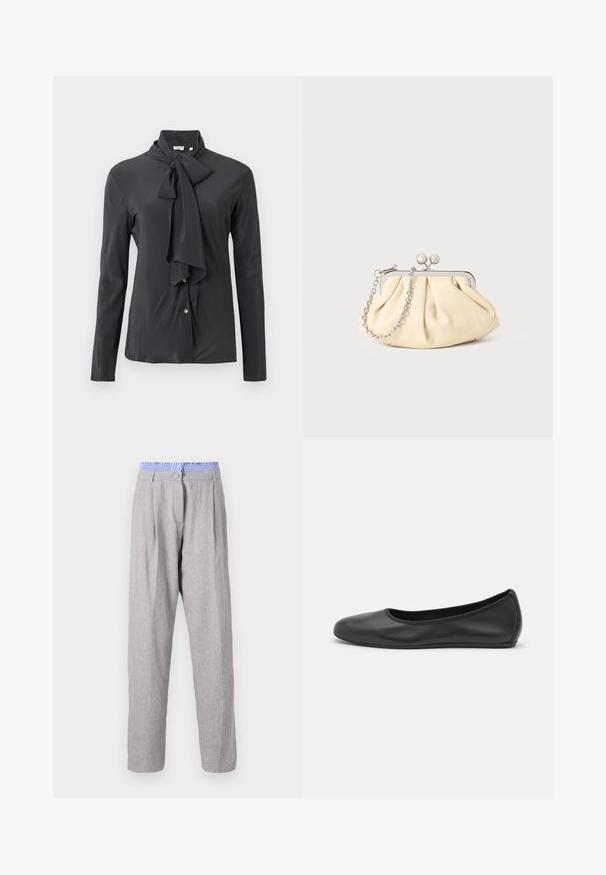 Donkergrijze blouse met een strik-halskraag, lange mouwen en knoopsluiting aan de voorkant. Gemaakt van gladde stof met een lichte glans.; Lichtgrijze linnenbroek met plooien, blauwe gebloemde tailleband, taps toelopende pijpen en knoopsluiting. Gladde textuur, lichtgewicht stof.; Zwarte leren ballerina met een ronde neus, gladde textuur, minimale stikdetails en een flexibele zoolontwerp.; Geplooide beige leren clutch met een zilveren metalen frame, voorzien van twee ronde decoratieve sluitingen en een zilveren kettingriem.