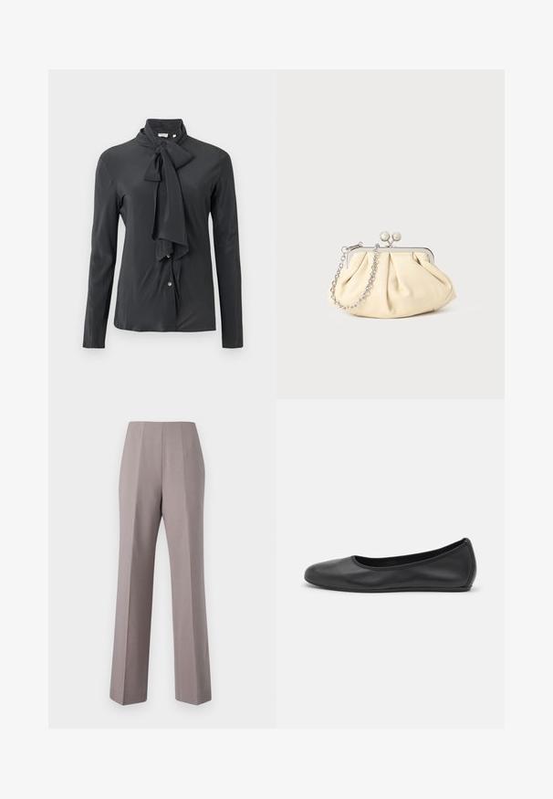 Blusa grigia scura con colletto legato, maniche lunghe e chiusura frontale con bottoni. Realizzata in tessuto liscio con una leggera lucentezza.; Pantaloni grigi su misura con vita alta, gambe ampie e pieghe frontali marcate. Realizzati in tessuto morbido, con bordi puliti e senza hardware visibile.; Pantofole da balletto nere in pelle con punta arrotondata, texture liscia, dettagli di cucitura minimi e design con suola flessibile.; Clutch in pelle beige plissettata con una struttura in metallo argento, dotata di due chiusure decorative rotonde e una tracolla in catena argentata.