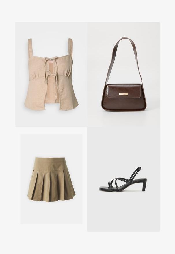 Bež bluzica iz lana skraćena sa tankim naramenicama i prednjim vezanjem. Ima skupljene detalje i prošireni rub. Glatka tekstura.; Kaki plisirana krila z oprijetim pasom, izdelana iz bombažne tkanine, z enakomerno teksturo in razširjenim, kratkim dizajnom.; Črne natikače s trakovi in kvadratnim prstom ter nizkim blokastim peto. Imajo več tankih trakov in nastavljiv trak okoli gležnja. Narejene so iz gladkega usnja.; Rjava usnjena torba za ramo z urejeno obliko, ki ima magnetno zapiranje na pokrovu in kovinski logotip na sprednji strani.