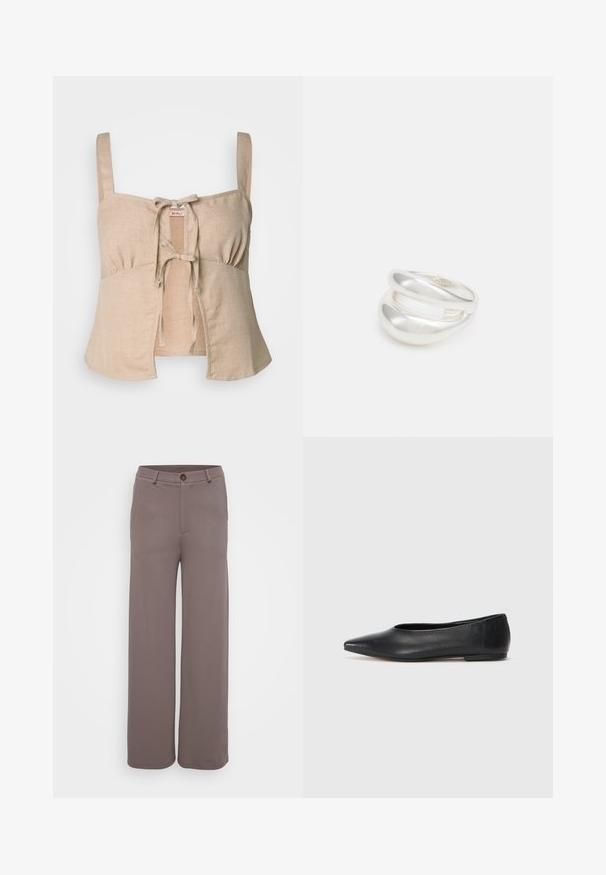 Smėlio spalvos lino trumpas viršus su plonomis petnešomis ir priekiniu užsegimu. Yra raukšlių detalės ir išplatintas apdailos kraštas. Lygi tekstūra.; Plati kojinės kelnes iš lygios, prislopintos rudos medžiagos su priekinių kišenių, mygtuko uždarymu ir pritaikyta juosmeniu.; Juodas odinis baleto batas, su smailiu pirštu, minimalistinio dizaino, lygiu paviršiumi, žemo profilio kulnu, be matomos aparatūros ar papuošimų.; Sidabrinis dvigubas žiedas su lygiu, poliruotu paviršiumi. Pasižymi sklandžiu, kreiptu dizainu su persipinančiomis dalimis, suteikiančiomis modernų išvaizdą.