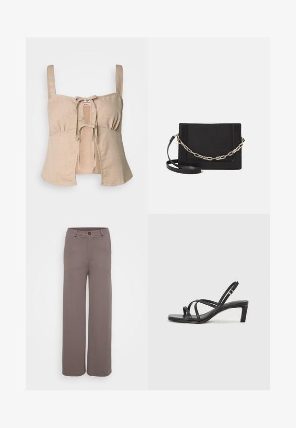 Bežs linu apgriezts tops ar plāniem siksniņām un priekšējo sasienamu aizdari. Izceļas ar savilktu detaļu un paplatinātu apakšējo daļu. Gluda tekstūra.; Platas kājas bikses gludā, izbalinātā brūnā audumā ar priekšējām kabatām, pogu aizdari un piegriezuma jostasvietu.; Melnas strappy sandales ar kvadrātveida purngaliem un zemu bloku papēdi. Ievērojamas ar vairākiem plāniem siksniņām un regulējamu potītes siksniņu. Izgatavotas no gludas ādas.; Melna ādas crossbody soma ar gludu faktūru, taisnstūrveida formu un metalizētu ķēdes detaļu priekšā. Iekļauta regulējama siksna.