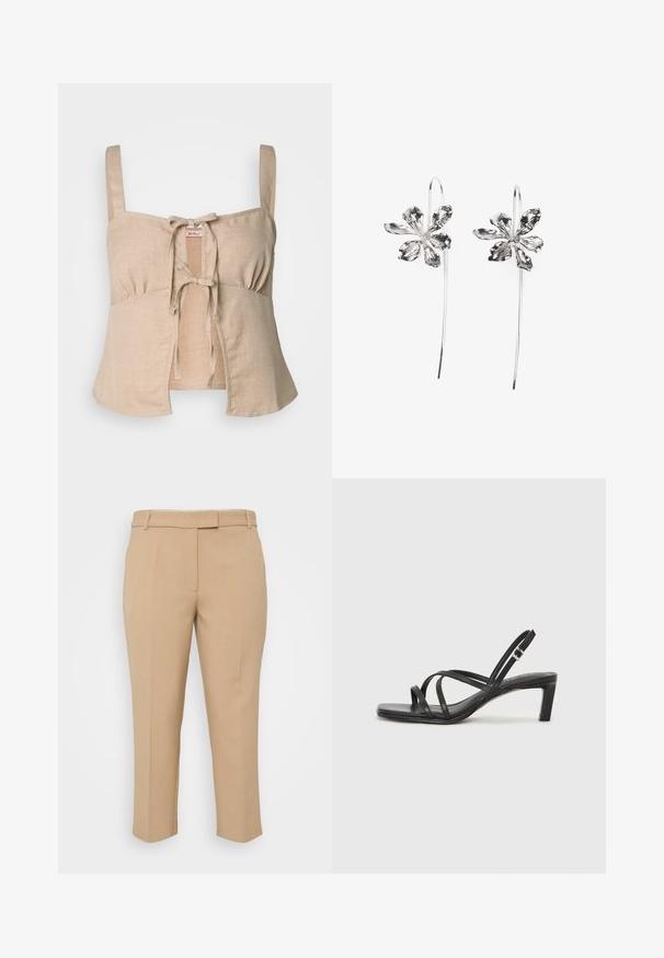 Beige linnen cropped topp med tynne stropper og frontknyting. Har samlet detaljer og en utsvingt kant. Jevn tekstur.; Beige skreddersydde bukser med rett snitt, middels høy midje og sidelommer. Glatt tekstur med skarpepleats og oppbrettede ankel lengde.; Sorte sandaler med stropper, firkantet tå og lav blokk hæl. Har flere tynne stropper og en justerbar ankelstropp. Laget av glatt lær.; Sølvblomstformede ørevipper med en teksturfinish, der har lange kroker og kronbladlignende detaljer for et intrikat design.