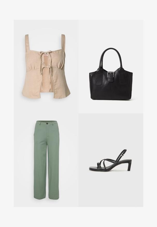 Beige len crop top vékony pántokkal és elöl megkötős záródással. Ráncolt részletekkel és enyhén bővülő aljjal rendelkezik. Simára kidolgozott textúra.; Széles lábú nadrág világoszöld színű anyagból, sima textúrával. Elöl gombos záródással és két oldalzsebbel rendelkezik.; Fekete pántos szandál négyzetes orral és alacsony blokk sarkal. Több vékony pánttal és állítható boka pánttal rendelkezik. Sima bőrből készült.; Fekete bőr bevásárlótáska sima textúrával, strukturált formával, két fogantyúval és egy figyelemfelkeltő ezüst csattal az elején.