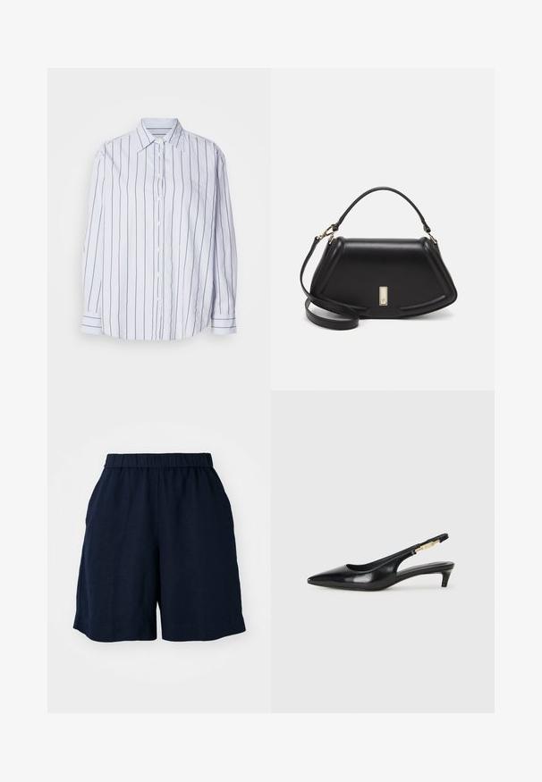 Witte shirt met smalle marineblauwe verticale strepen, knoopsluiting aan de voorkant, puntkraag, lange mouwen met knoopmanchetten, zachte stof, relaxte pasvorm.; Marineblauwe shorts met een elastische tailleband, gemaakt van een lichte stof. Heeft een relaxte pasvorm en zijzakken voor functionaliteit.; Zwarte leren slingback hakken met een spitse neus, voorzien van een slanke hak en een goudkleurige accent op de verstelbare band. Gladde textuur.; Zwarte leren handtas met een gestructureerd ontwerp, featuring een verkorte vorm, bovenhandvat en gouden hardwareaccent. Inclusief verstelbare schouderband.
