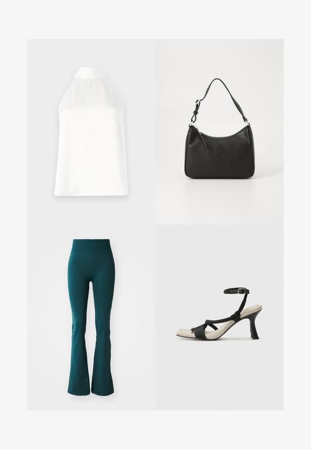 Balts bezpiedurkņu krekls ar augstu apkakli, maigu tekstūru un nedaudz brīvu piegriezumu, bez rakstiem un dekoriem.; Tirkīzzilā flared legingi, kas izgatavoti no gluda, elastīga auduma ar augstu jostasvietu, ar smalku tekstūru un pieguļošu dizainu.; Melnas augstpapēžu sānijas ar pinuma siksnu dizainu, kvadrātveida purngali un regulējamu potītes siksnu. Gaismas beidzamais kāju paklājiņš ar spīdīgu melnu papēdi.; Melnas ādas rokassomu ar izliekta formu, vienu siksnu, ar rāvējslēdzēju aizdari un diskrētu zīmolu uz priekšpuses. Gluda tekstūra, minimālisma dizains.