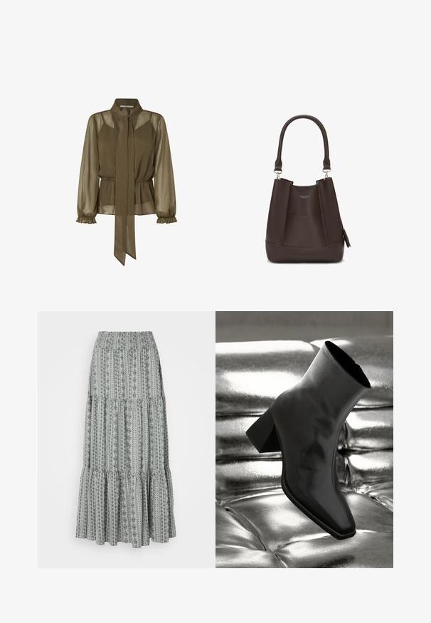 Olivno zelena, prosojna bluzica s zavezanim ovratnikom, elastičnim pasom in nabranimi dolgimi rokavi. Lahka tkanina z ohlapnim dizajnom.; Dolga, večplastna krila v svetlo sivi barvi z črnimi cvetličnimi in črtastimi vzorci. Elastičen pas, rahlo padajoč dizajn in teksturirana tkanina.; Črne gležnjarje iz sijočega materiala s kvadratnim prstom in zoženim peto, postavljene na sijoče srebrno oblazinjeno ozadje.; Carlheim ADALINE - Torbica - brown