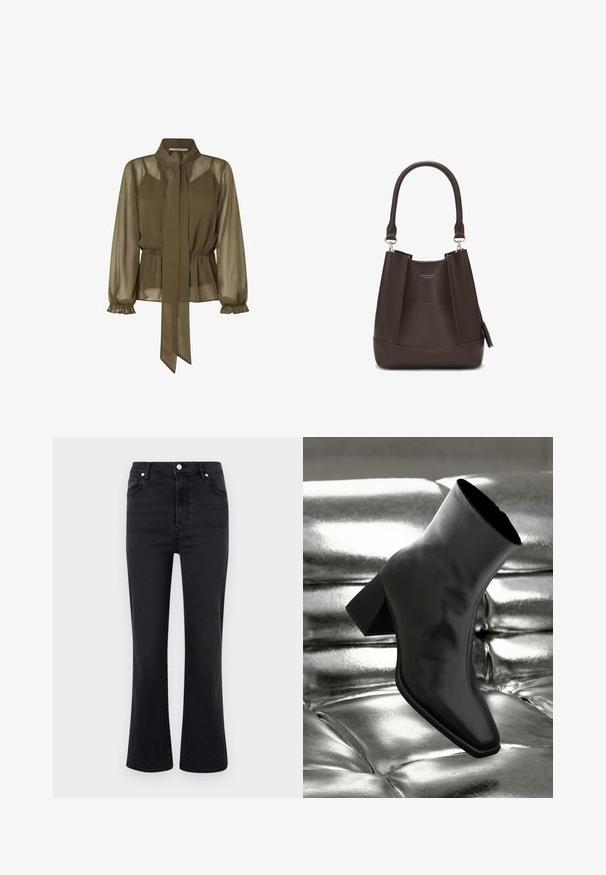 Olivza zaļa, caurspīdīga blūze ar saistītu apkakli, elastīgu jostasvīru un viļņotām garām piedurknēm. Viegls audums ar plūstošu dizainu.; Melnas izplestas džinsi ar augstu jostasvietu, izgatavoti no denima. Iekļauj priekšējās kabatas, pogu aizdari un gludu tekstūru.; Melnas potītes kurpes, izgatavotas no spīdīga materiāla, ar kvadrātveida purngalu un konusveida papēdi, novietotas uz spīdīga sudraba izšūta fona.; Carlheim ADALINE - Rokassoma - brown