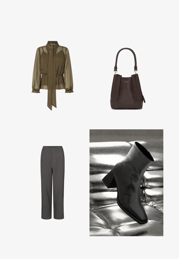 Olivgrüne, durchsichtige Bluse mit gebundenem Kragen, elastischem Taillenbund und Rüschensöckchen. Leichter Stoff mit fließendem Design.; Graue Anzughosen mit geradem Bein, glatter Textur, einem vorderen Knopfverschluss und umgeschlagenen Säumen für einen maßgeschneiderten Look.; Schwarzer Knöchelstiefel aus glänzendem Material mit quadratischer Zehenform und verjüngtem Absatz, vor einem glänzenden silbernen gepolsterten Hintergrund.; Carlheim ADALINE - Handtasche - brown