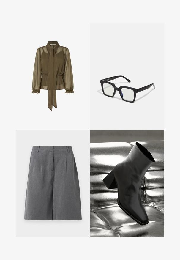 Blusa trasparente verde oliva con colletto legato, vita elastica e maniche lunghe a frufru. Tessuto leggero con un design fluttuante.; Pantaloni shorts grigi su misura con fronte piatto, pince e tasche laterali. Realizzati in tessuto leggero, presentano una texture liscia e una linea dritta.; Stivale alla caviglia nero realizzato in materiale lucido con punta quadrata e tacco affusolato, posizionato su uno sfondo argentato lucido con imbottiture a sfera.; Occhiali da sole neri con finitura opaca, dotati di lenti trasparenti e una leggera sfumatura blu su un lato. Design robusto e angolare.