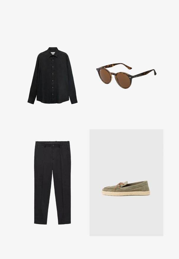 Camisa negra de manga larga hecha de tela texturizada; cuenta con un cuello y una parte delantera abotonada con botones visibles y un dobladillo recto.; Pantalones ajustados negros hechos de tela suave, con una parte delantera plana, trabillas para cinturón y bolsillos laterales. Diseño de pierna recta.; Espadrilles verdes de ante con suela de yute trenzada, que presentan una punta redondeada y un detalle de cordón marrón en la parte superior.; Gafas de sol redondas con montura de plástico de carey, lentes marrones y acentos metálicos en la parte frontal. Patillas delgadas con acabado pulido.