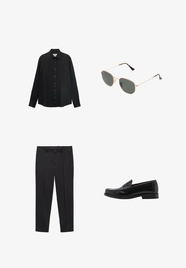 Zwarte langslavende shirt gemaakt van gestructureerde stof; heeft een kraag en een knoopsluiting aan de voorkant met zichtbare knopen en een rechte zoom.; Zwarte op maat gemaakte broeken van glad materiaal, met een vlakke voorkant, riemlussen en zijzakken. Rechlijnen pijpdesign.; Mango Instappers - black; Gouden metalen zonnebril met donkergroene lenzen, aviator-stijl, met slanke scharnieren en schildpad-accenten op de uiteinden.