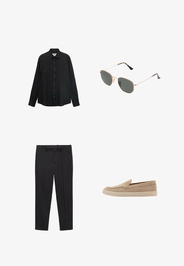 Čierna košeľa s dlhým rukávom vyrobená z textúrovanej tkaniny; má límec a zapínanie na gombíky s viditeľnými gombíkmi a rovný lem.; Čierne prispôsobené nohavice zo hladkej tkaniny, s plochým predkom, pútkami na opasok a bočnými vreckami. Nohavice rovného strihu.; Béžová semišová slip-on obuv s okrúhlou špičkou a šitými detailmi. Svetlý gumový podpätok s nízkoprofilovým dizajnom.; Zlaté slnečné okuliare s kovovým rámom a tmavozelenými šošovkami v aviator štýle, s úzkymi ramenami a mramorovými akcentami na koncoch.