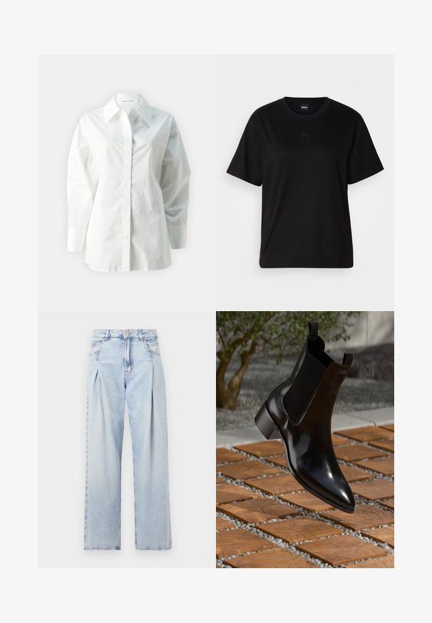 Balta medvilninė ilgomis rankovėmis palaidinė su smailiu apykakle, mygtukų užsegimu ir laisvu siluetu su struktūruotais pečiais.; Juodas medvilninis marškinėliai su apvalia iškirpte, trumpomis rankovėmis ir siuvinėjimu ant krūtinės. Paprastas, laisvas siluetas be raštų.; Šviesiai mėlyni džinsai su aukštu liemeniu, plačiomis kojomis, dviem šoninėmis kišenėmis ir raukinių dizainu. Minkšta tekstūra su nudilusia apdaila.; Juodas odinis Chelsea stilius botas su smailiu pirštu, elastingais šoninėmis dalimis ir storu kulnu, gulintis ant akmens ir medžio raštuoto paviršiaus.