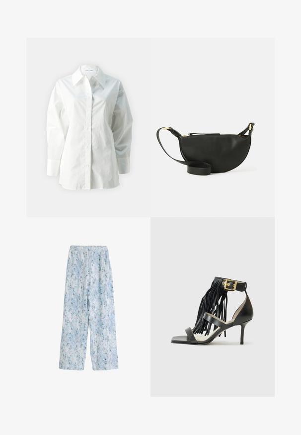 Camicia bianca a maniche lunghe in cotone, con colletto a punta, chiusura con bottoni e vestibilità ampia con spalle strutturate.; Pantaloni a gamba larga di colore azzurro chiaro con una fascia elastica in vita, caratterizzati da un motivo floreale e linee verticali, realizzati in un tessuto morbido.; Sandal con tacco alto nero con dettagli frangiati, cinturino alla caviglia con hardware dorato, punta quadrata piatta e due cinture incrociate sulla tomaia.; Borsa a tracolla in pelle nera a forma di mezzaluna, superficie texturizzata, zip dorata e tracolla piatta. Design compatto adatto per gli essenziali.