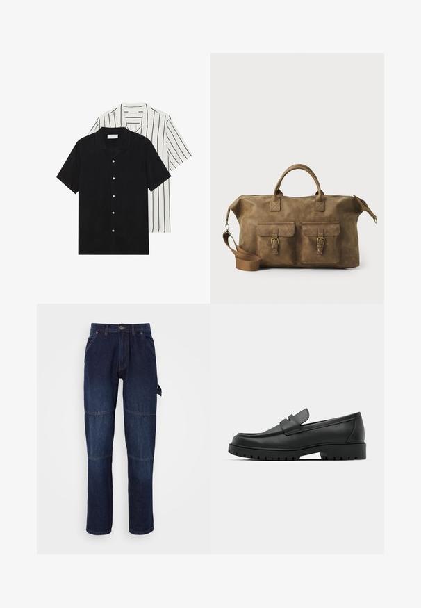 Două cămăși cu mânecă scurtă: una complet neagră, iar cealaltă albă cu dungi verticale negre. Ambele au închidere cu nasturi și un guler clasic.; Pantaloni din denim albastru închis cu tăietură dreaptă, având două buzunare frontale, cusături vizibile și un etichetă laterală pentru un detaliu funcțional.; Mocasini din piele neagră cu vârful rotunjit, având un design cusut, talpă joasă și o talpă din cauciuc texturat, cu crampoane.; Geantă de voiaj din piele maro, cu două buzunare frontale, curea de umăr ajustabilă, accesorii aurii și mânere superioare rezistente. Textură netedă.