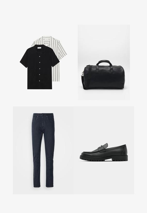 Dve majice s kratkimi rokavi: ena enobarvna črna, druga bela z črnimi navpičnimi črtami. Obe imata gumbaste zapenke in klasičen ovratnik.; Temno modri bombažni traper hlače s ravnim krojem, gumbnim zapiranjem in petimi žepi. Gladka tekstura in minimalni šivi.; Črne usnjene loafers čevlje z zaobljenim nosom, ki imajo šivano zasnovo, nizko platformo in teksturiran, profiliran gumijast podplat.; Črna torba za šport z teksturiranim sintetičnim materialom. Ima dve ročaji in nastavljiv ramenski trak. Preprost dizajn brez vidnih vzorcev.