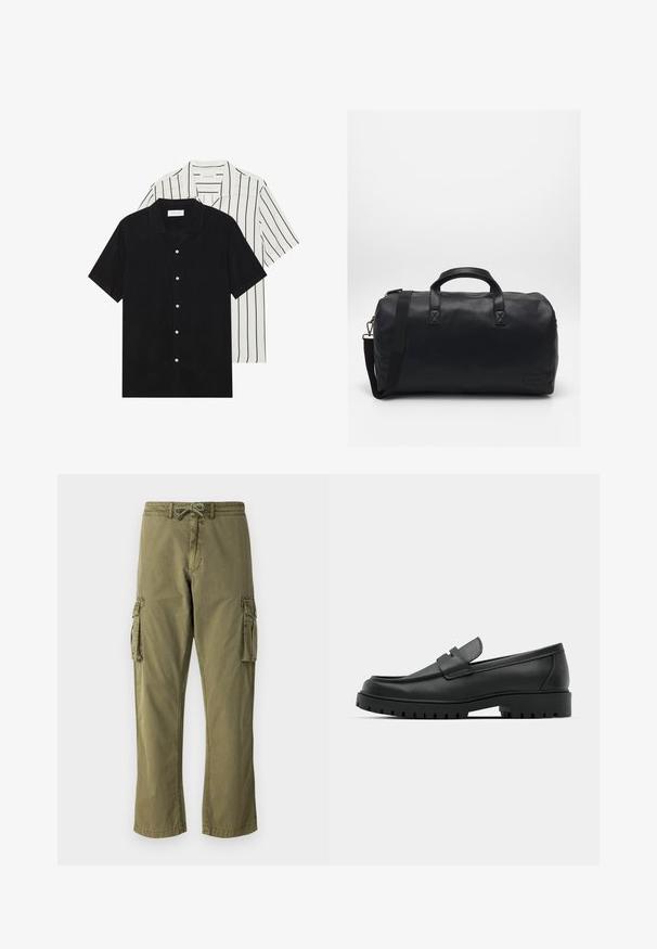 Deux chemises à manches courtes : l'une noire unie, l'autre blanche avec des rayures verticales noires. Les deux ont des boutons et un col classique.; Pantalons cargo en mélange de coton vert olive, dotés d'une taille élastique avec cordon de serrage, de poches cargo latérales et d'une coupe droite.; Mocassins en cuir noir à bout arrondi, avec un design cousu, une semelle plateforme basse et une semelle en caoutchouc texturée et crantée.; Sac de sport noir en matériau synthétique texturé. Doté de deux poignées et d'une bandoulière réglable. Design simple sans motifs visibles.