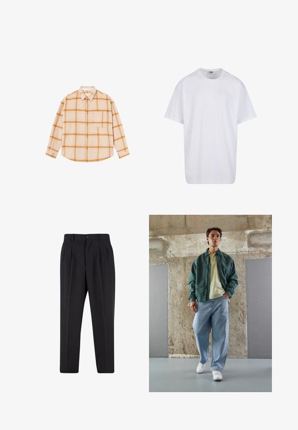 Langermet rutete skjorte i beige med gule og brune ruter, knappestolpe, enkelt brystlomme, laget av et strukturert stoff.; Hvit bomull t-skjorte med korte ermer, rund utringning, avslappet passform, og ingen synlige logoer eller mønstre. Glatt tekstur og minimalistisk design.; Sorte bukser med plisseret frontdesign, lavet af glat stof. Har knaplukning og bæltesløjfer; rett-bukser.; Grønn bomberjakke over en lys gul polo, kombinert med løse blå jeans og hvite sneakers. Glatte stoffer, avslappet passform, minimal maskinvare.