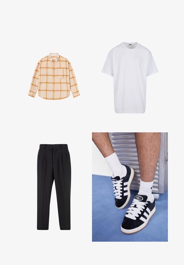 Camicia a maniche lunghe a quadri in beige con motivi gialli e marroni, design con bottoni, taschino singolo sul petto, realizzata in un tessuto testurizzato.; Maglietta bianca in cotone con maniche corte, scollatura rotonda, vestibilità comoda e senza loghi o motivi visibili. Texture liscia e design minimale.; Pantaloni neri con design a pieghe sul davanti, realizzati in tessuto morbido. Presentano una chiusura con bottone e passanti per cintura; vestibilità a gamba dritta.; Sneakers in suede nero con lacci bianchi e tre strisce bianche. Presentano un logo circolare nero sulla linguetta e una suola in gomma color gomma.