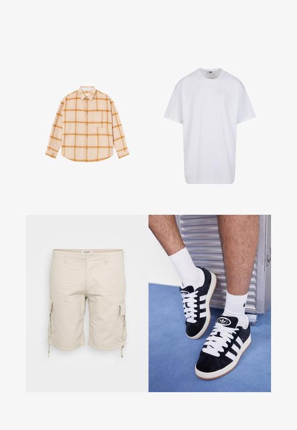 Camicia a maniche lunghe a quadri in beige con motivi gialli e marroni, design con bottoni, taschino singolo sul petto, realizzata in un tessuto testurizzato.; Maglietta bianca in cotone con maniche corte, scollatura rotonda, vestibilità comoda e senza loghi o motivi visibili. Texture liscia e design minimale.; Pantaloni cargo beige realizzati in tessuto leggero, dotati di tasche laterali, stringhe regolabili all'orlo e un classico design a cinque tasche.; Sneakers in suede nero con lacci bianchi e tre strisce bianche. Presentano un logo circolare nero sulla linguetta e una suola in gomma color gomma.