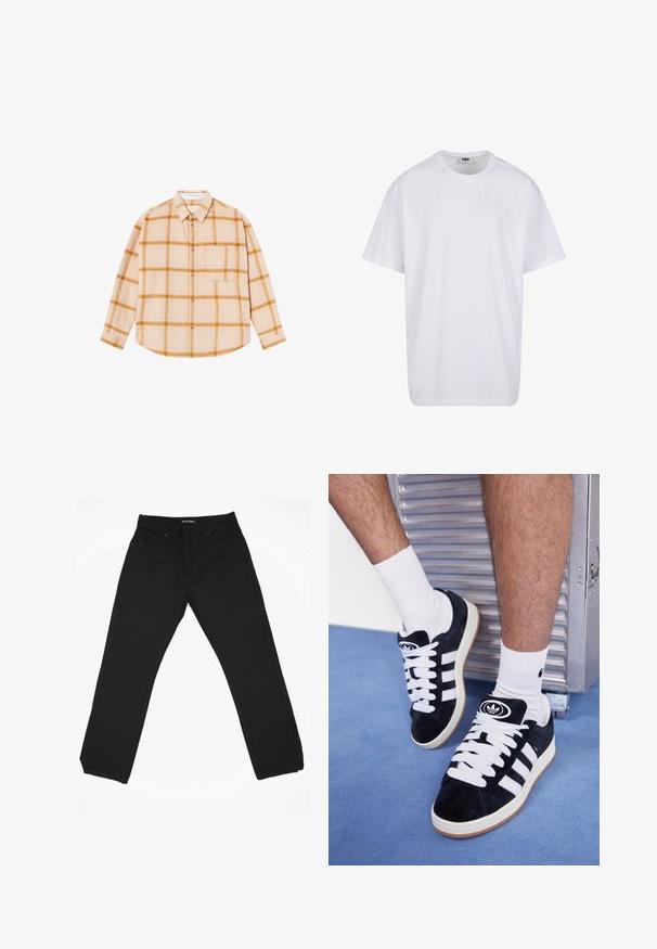 Camisa de cuadros de manga larga en beige con cuadros amarillos y marrones, diseño de botones, un bolsillo en el pecho, hecha de una tela texturizada.; Camiseta blanca de algodón con mangas cortas, cuello redondo, corte relajado y sin logotipos ni patrones visibles. Textura suave y diseño minimalista.; Pantalones vaqueros de mezclilla negra con un diseño de pierna recta, que cuentan con una cintura de altura media, cinco bolsillos y detalles de costura sutiles.; Zapatillas de ante negras con cordones blancos y tres rayas blancas. Presentan un logotipo circular negro en la lengüeta y una suela de goma color caramel.