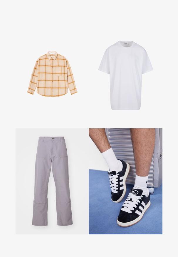 Langärmliges karierter Hemd in Beige mit gelben und braunen Karos, Knopfdesign, eine Brusttasche, aus einem strukturierten Stoff gefertigt.; Weiße Baumwoll-T-Shirt mit kurzen Ärmeln, rundem Ausschnitt, lockerer Passform und ohne sichtbare Logos oder Muster. Glatte Textur und minimalistisches Design.; Helllila Hosen mit geradem Bein, ausgestattet mit zwei Fronttaschen und dekorativen Nähten. Hergestellt aus langlebigem Baumwollgewebe.; Schwarze Wildledersneaker mit weißen Schnürsenkeln und drei weißen Streifen. Verfügt über ein kreisförmiges schwarzes Logo auf der Zunge und eine Gummisohle.